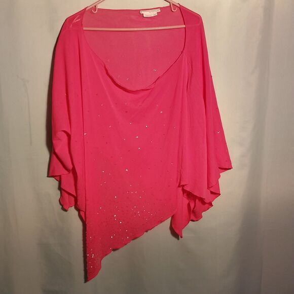 Hot Pink Embellished Sheer Poncho Blouse – Rhinestone Sparkle Asymmetrical Hem - Picture 1 of 4